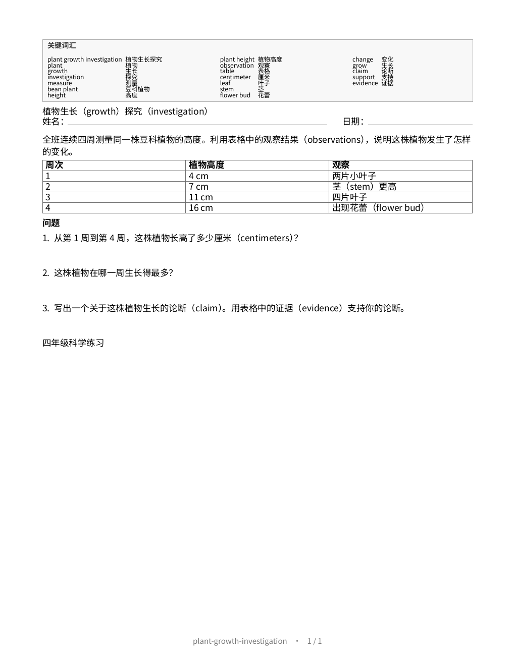 First page of Plant growth investigation, Simplified Chinese